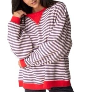 NATURAL LIFE Oversized Striped Purple and White Sweater with Red Accents